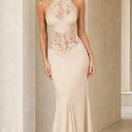 Elegance Halter Neck Lace Panel Maxi Evening Dress