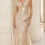 Mirrored Sequin Embellished Peplum Mermaid Evening Gown