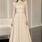 Elegant Mock Neck Long Sleeve Lace A-Line Formal Evening Gown
