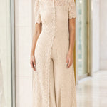 Elegant Floral Lace Overlay Wide-Leg Pantsuit with High Neck & Short Sleeves