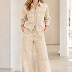 Vintage Paisley Print Denim Shirt and Wide-Leg Pants Set