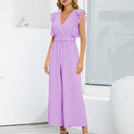 Zeagoo Women's Casual Loose Jumpsuit V Neck Sleeveless Solid Ruffle Pleated Wide-leg Long Playsuit with Belt