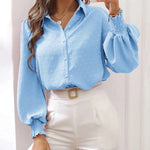 Zeagoo V Neck Crinkle Crepe Lantern Sleeves Shirt Top Button-Down Loose Blouse
