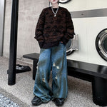 Diamond Jacquard Ripped Tassel Crewneck Sweater