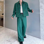 Handmade Gemstone Embellished Lapel Jacket and Wide-Leg Pants Two-Piece Set