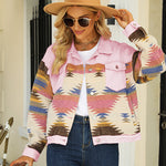 Zeagoo Aztec Lapel Long Sleeve Retro Western Denim Jacket