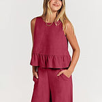 Zeagoo 2 Piece Outfits Sleeveless Ruffle Tank Crop Top and Wide Leg Pants Lounge Set with Pockets