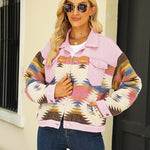 Zeagoo Aztec Lapel Long Sleeve Retro Western Denim Jacket