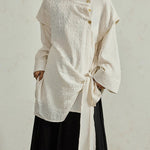 Textured Slanted Placket Tie-Strap Fake Two-Piece Shirt