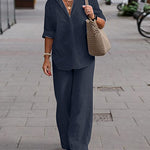 Two Piece Set Lapel Long-sleeved Shirt Casual Solid Color Wide-leg Pants Suit