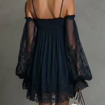 Noémie | Short navy blue chiffon dress with off-the-shoulder design and lace trim