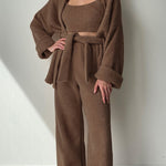 Zeagoo Brown Long-sleeved Trousers Three-piece Pajamas Set
