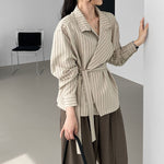 Striped Stand Collar Tie-Waist Long Sleeve Shirt