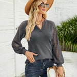 Zeagoo V Neck Tops Solid Color Blouse Long Sleeve Pullover Lace Patchwork Shirt