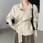 Striped Stand Collar Tie-Waist Long Sleeve Shirt