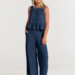 Zeagoo 2 Piece Outfits Sleeveless Ruffle Tank Crop Top and Wide Leg Pants Lounge Set with Pockets