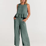 Zeagoo 2 Piece Outfits Sleeveless Ruffle Tank Crop Top and Wide Leg Pants Lounge Set with Pockets