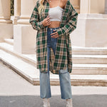 Zeagoo Plaid Longline Button-Up Shacket Lapel Neck Long Sleeve Shirt Pocket