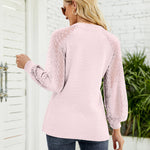 Zeagoo V Neck Tops Solid Color Blouse Long Sleeve Pullover Lace Patchwork Shirt