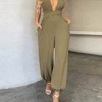 Zeagoo Women's Crisscross Tie Backless Halter Jumpsuit Deep V Neck Sleeveless Jumpsuits