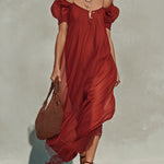 Red Chiffon Maxi Dress With Gold Buttons
