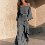 Aure | Minimalist Off-Shoulder Maxi Dress with Ruffled Hem and Flared Sleeves
