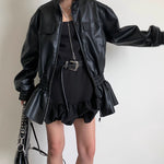 Threaded Elastic Waist Ruffled Leather Jacket