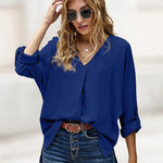 Zeagoo V-Neck Long Sleeve Buckle T-Shirt Plain Shirts Shirt Top Elegant Shirts Casual Slim Fit Basic