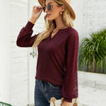 Zeagoo V Neck Tops Solid Color Blouse Long Sleeve Pullover Lace Patchwork Shirt