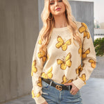 Zeagoo Butterfly Print Crew Neck Oversized Knit Sweater