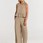 Zeagoo 2 Piece Outfits Sleeveless Ruffle Tank Crop Top and Wide Leg Pants Lounge Set with Pockets