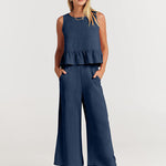 Zeagoo 2 Piece Outfits Sleeveless Ruffle Tank Crop Top and Wide Leg Pants Lounge Set with Pockets