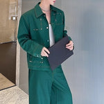 Handmade Gemstone Embellished Lapel Jacket and Wide-Leg Pants Two-Piece Set