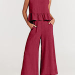 Zeagoo 2 Piece Outfits Sleeveless Ruffle Tank Crop Top and Wide Leg Pants Lounge Set with Pockets