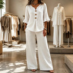 Louna | Linen-Effect Set with Ruffled Sleeves and Wide Leg Trousers