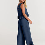 Zeagoo 2 Piece Outfits Sleeveless Ruffle Tank Crop Top and Wide Leg Pants Lounge Set with Pockets