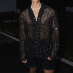 Shiny Silver Sequined Hollow Long Sleeve Shirt