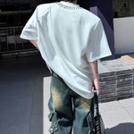 Hand-Beaded Neckline Short-Sleeve Shoulder Pads T-Shirt