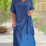 Zeagoo Women's Asymmetric Summer V Neck Short Sleeve Patchwork Split Loose Casual Ankle-Length Long Dress
