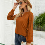 Zeagoo V Neck Tops Solid Color Blouse Long Sleeve Pullover Lace Patchwork Shirt