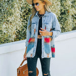 Zeagoo Aztec Lapel Long Sleeve Retro Western Denim Jacket