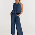 Zeagoo 2 Piece Outfits Sleeveless Ruffle Tank Crop Top and Wide Leg Pants Lounge Set with Pockets