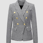 Houndstooth Double Breasted Button Down Notch Collar Blazer Jacket with Pockets