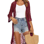 Zeagoo Women Lace Crochet Coverups Open Front Cardigan Sheer Cover Up 3/4 Sleeve Kimono (US Only)