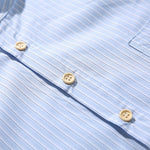 Blue White Striped Band Collar Casual Popover Shirt