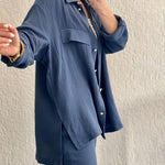 Zeagoo Double Crepe Loose Oversized Lapel Long Sleeve Shirt Casual Pants Set