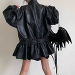 Threaded Elastic Waist Ruffled Leather Jacket
