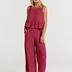 Zeagoo 2 Piece Outfits Sleeveless Ruffle Tank Crop Top and Wide Leg Pants Lounge Set with Pockets