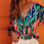 Zeagoo Retro Oil Painting Printed Shirt V-neck Bubble Sleeve Top for Women Casual Work Office Loose Fit 2026 | Under $40