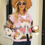 Zeagoo Aztec Lapel Long Sleeve Retro Western Denim Jacket